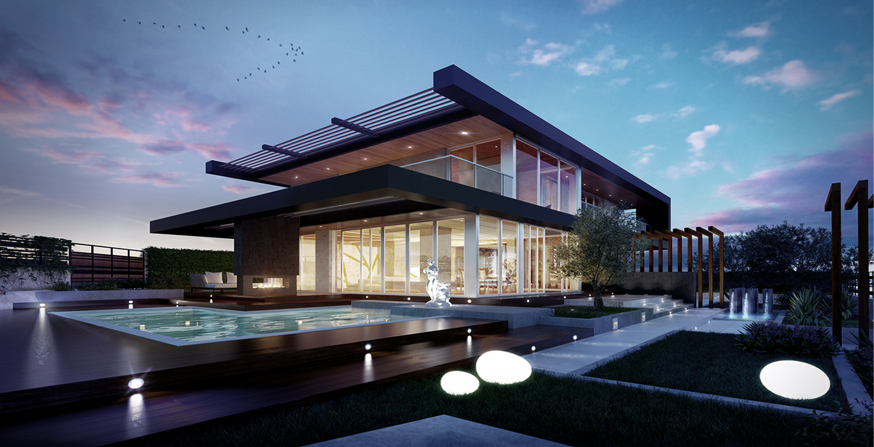 Contemporary villa at dusk with pool and pergola